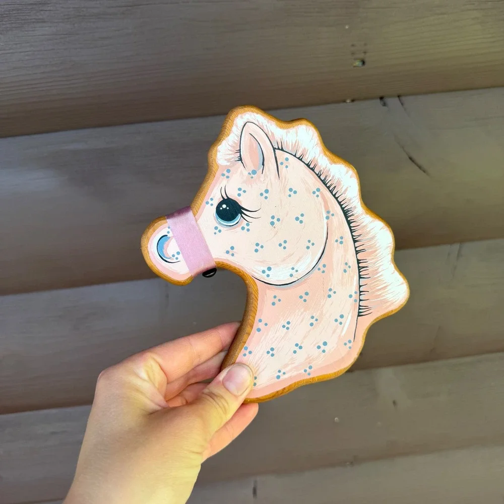 Vtg Hand Painted Wooden Horse Head Wall Plaque Pink Blue Polka Dot Pony Decor